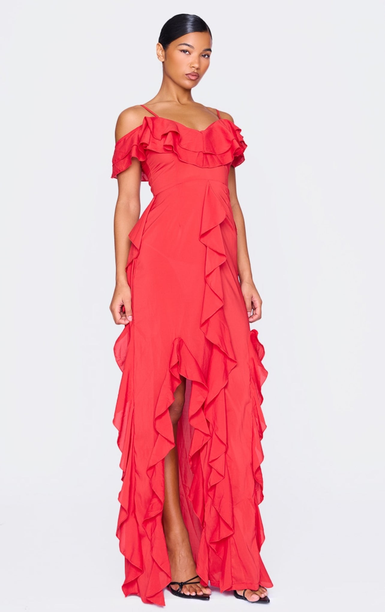 Red Cold Shoulder Ruffle Detail Maxi Dress