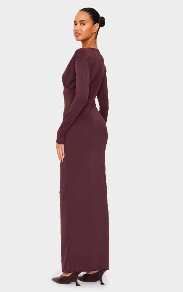 Chocolate Matte Sculpt Plunge Neck Long Sleeve Maxi Dress