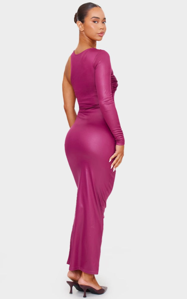 Cherry Red Foil Twist Detail One Sleeve Maxi Dress