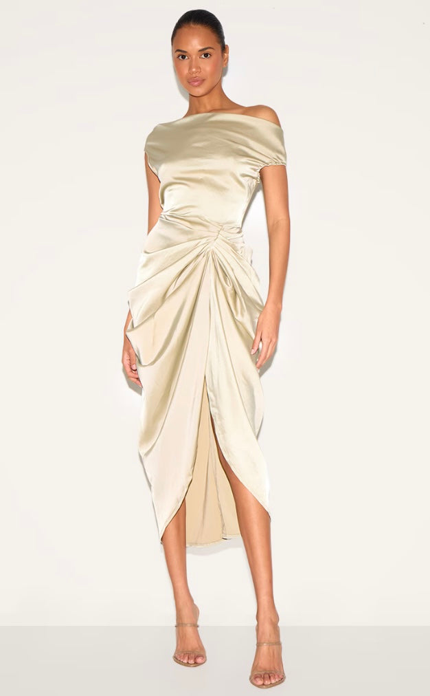 Sage Green Satin Off The Shoulder Draped Skirt Midi Dress Dassah Beauty Sage Green Satin Off The Shoulder Draped Skirt Midi Dress Dassah Beauty