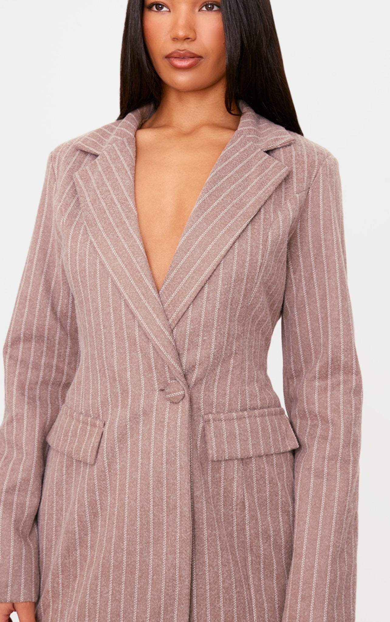 Mushroom Brushed Woven Pinstripe Cinched Waist Blazer Dress