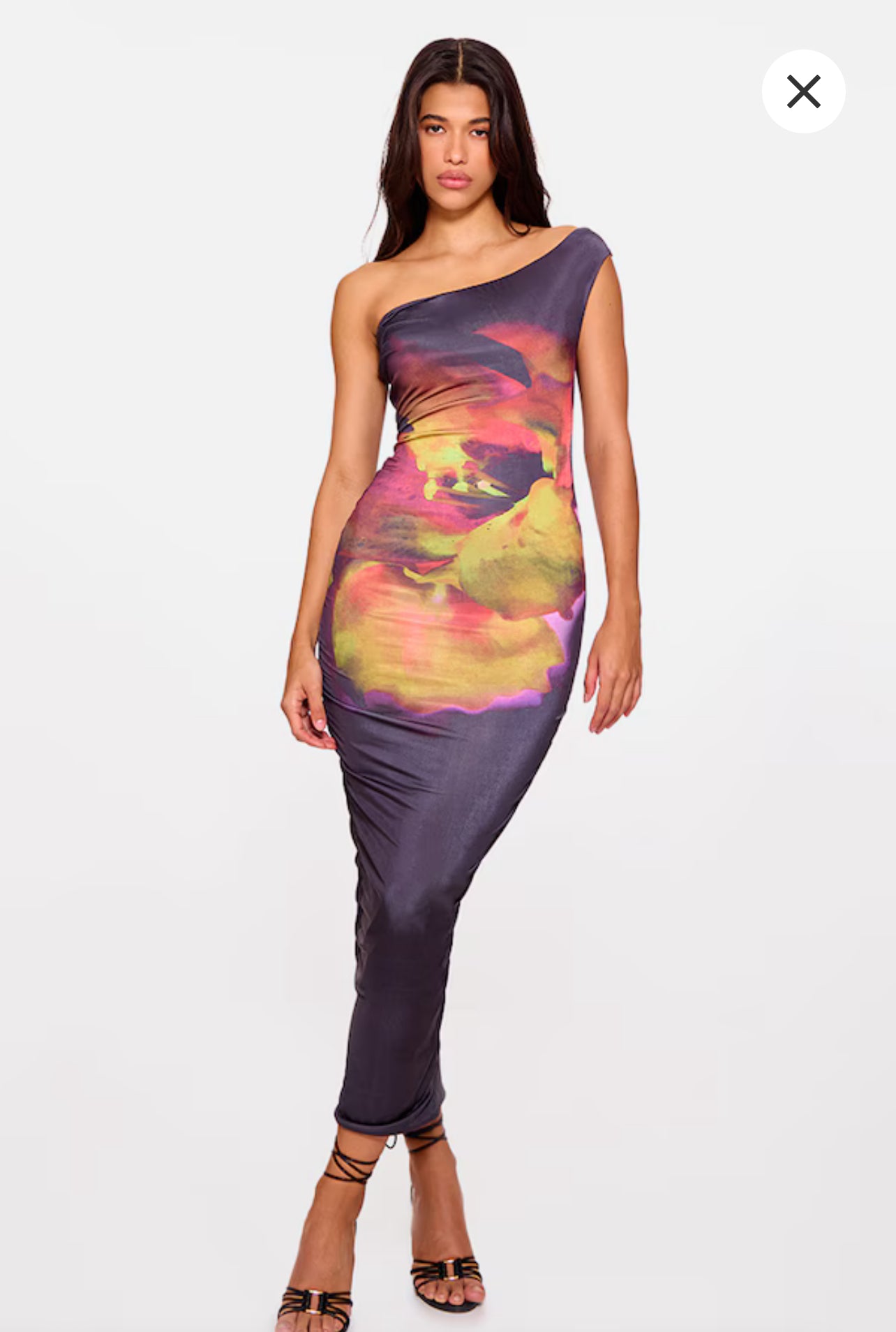 Black Floral Print Double Layer Slinky One Shoulder Maxi Dress