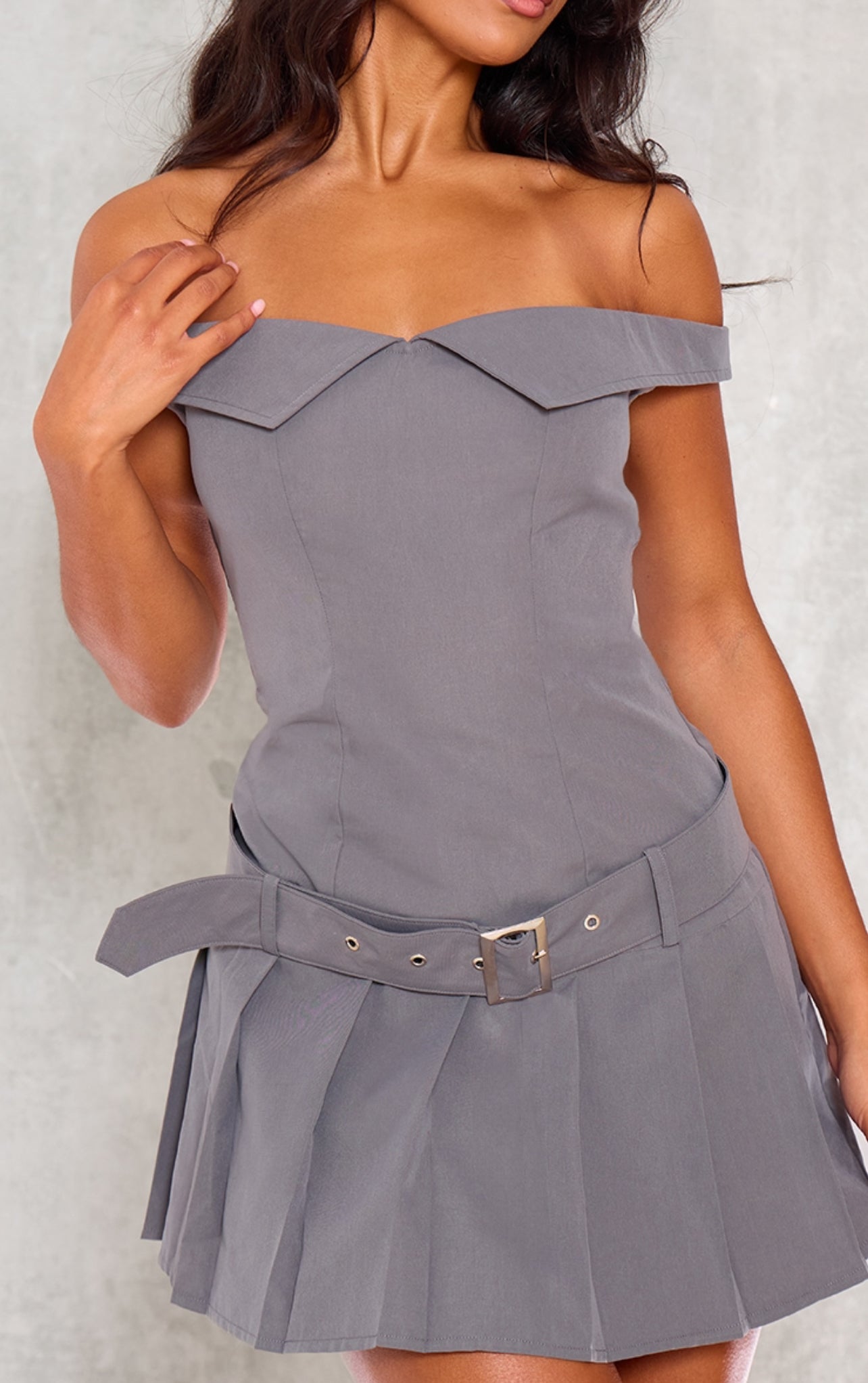 Grey Bardot Belted Pleated Shift Dress