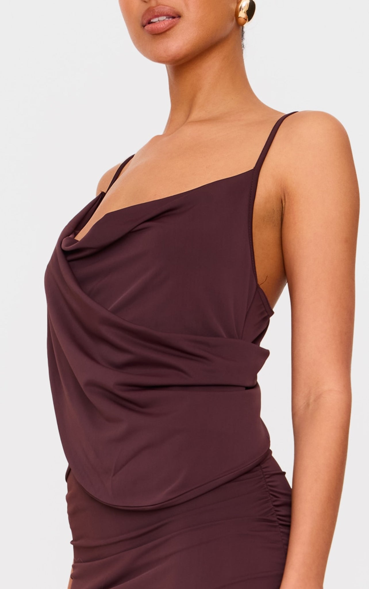 Chocolate Double Layer Slinky Drape Detail Maxi Dress