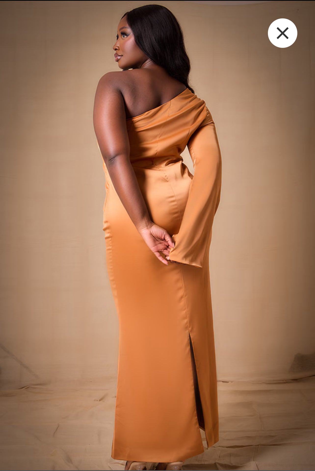Plus Copper Bridesmaid Satin One Shoulder Flared Sleeve Maxi Dress