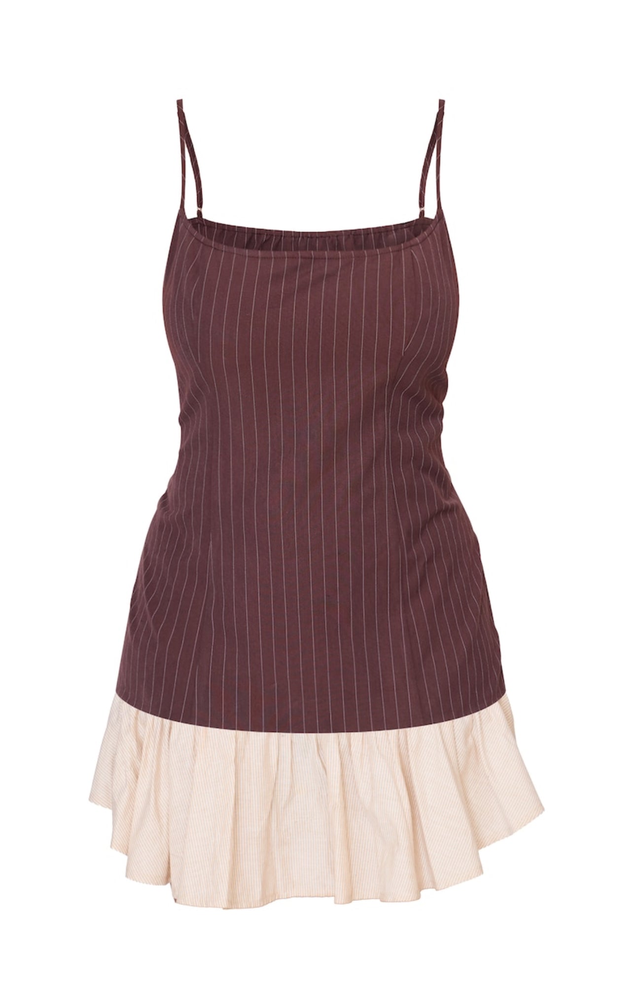 Brown Contrast Pinstripe Frill Hem Shift Dress