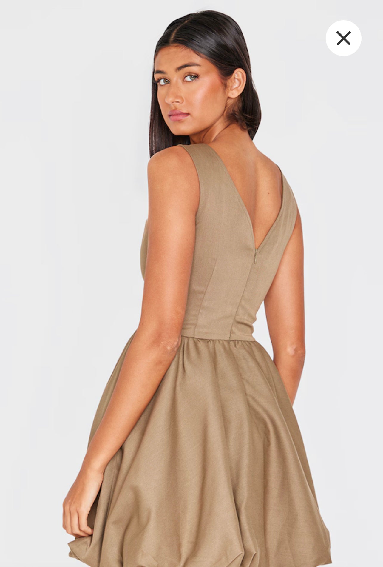 Khaki Tailored Woven V Neck Puffball Mini Dress