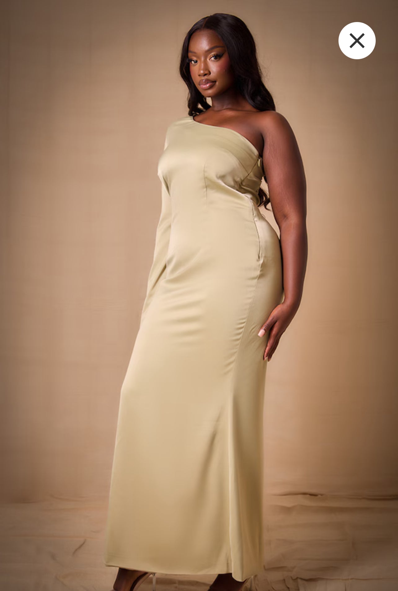 Plus Sage Bridesmaid Satin One Shoulder Flared Sleeve Maxi Dress