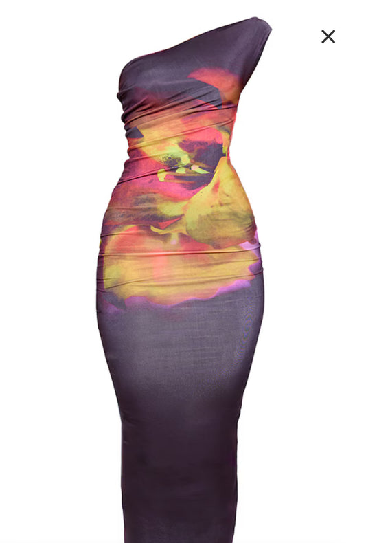Black Floral Print Double Layer Slinky One Shoulder Maxi Dress