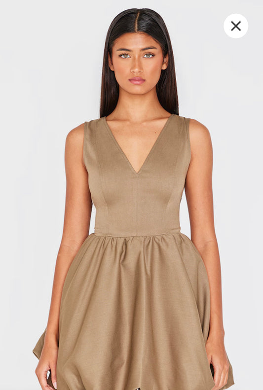 Khaki Tailored Woven V Neck Puffball Mini Dress