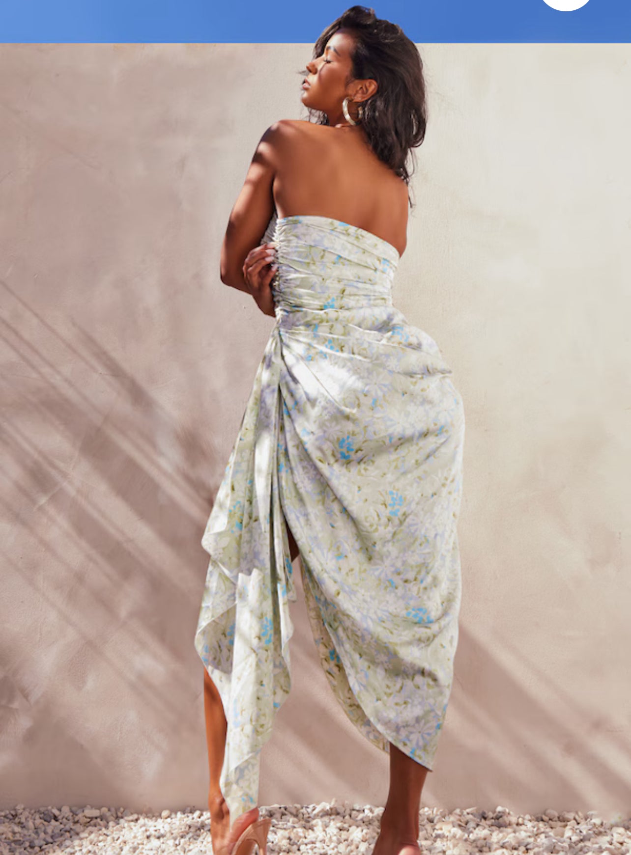 Green Floral Print Satin Ruched Plunge Midaxi Dress