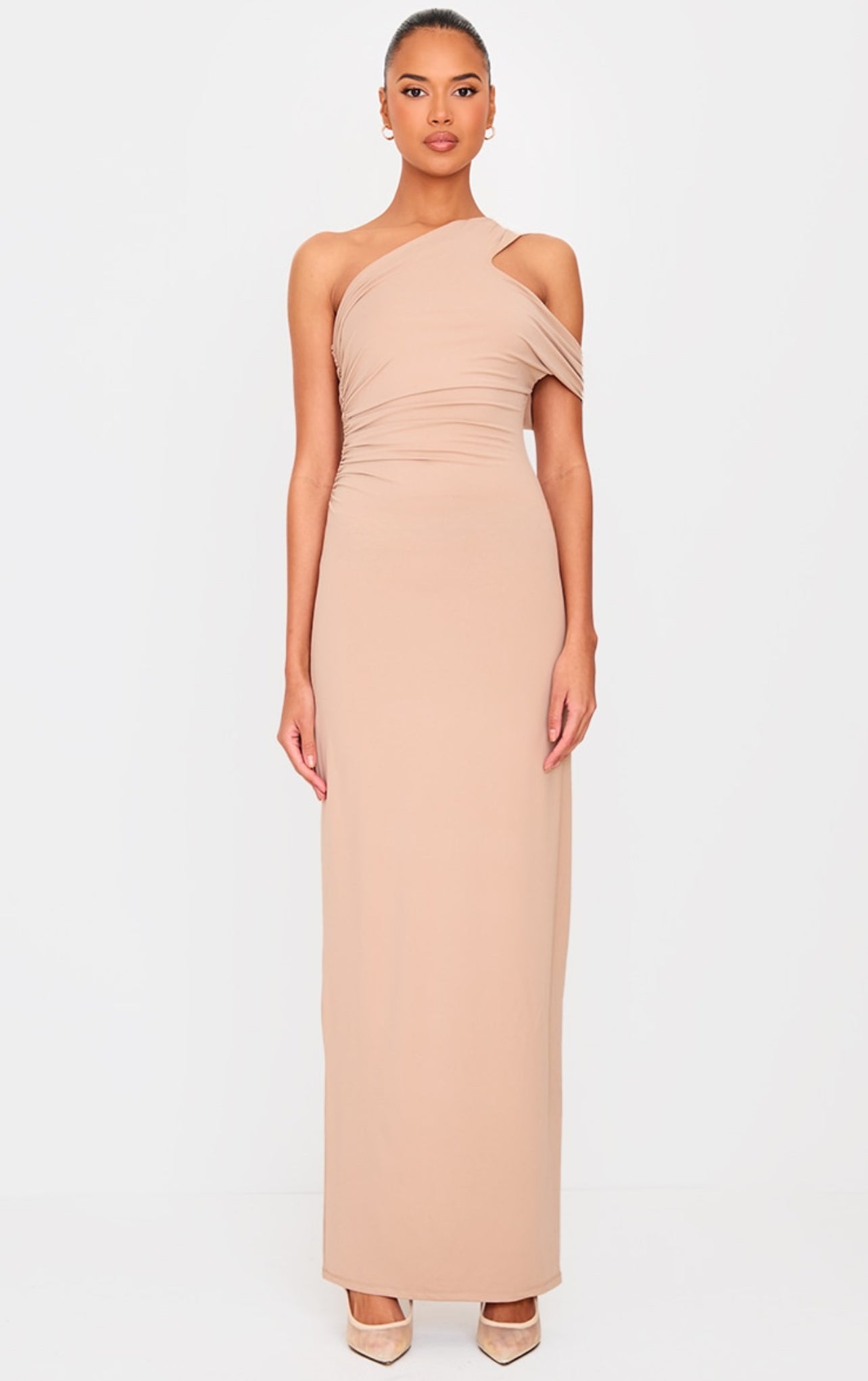 Mushroom Double Layer Asymmetric Off Shoulder Maxi Dress