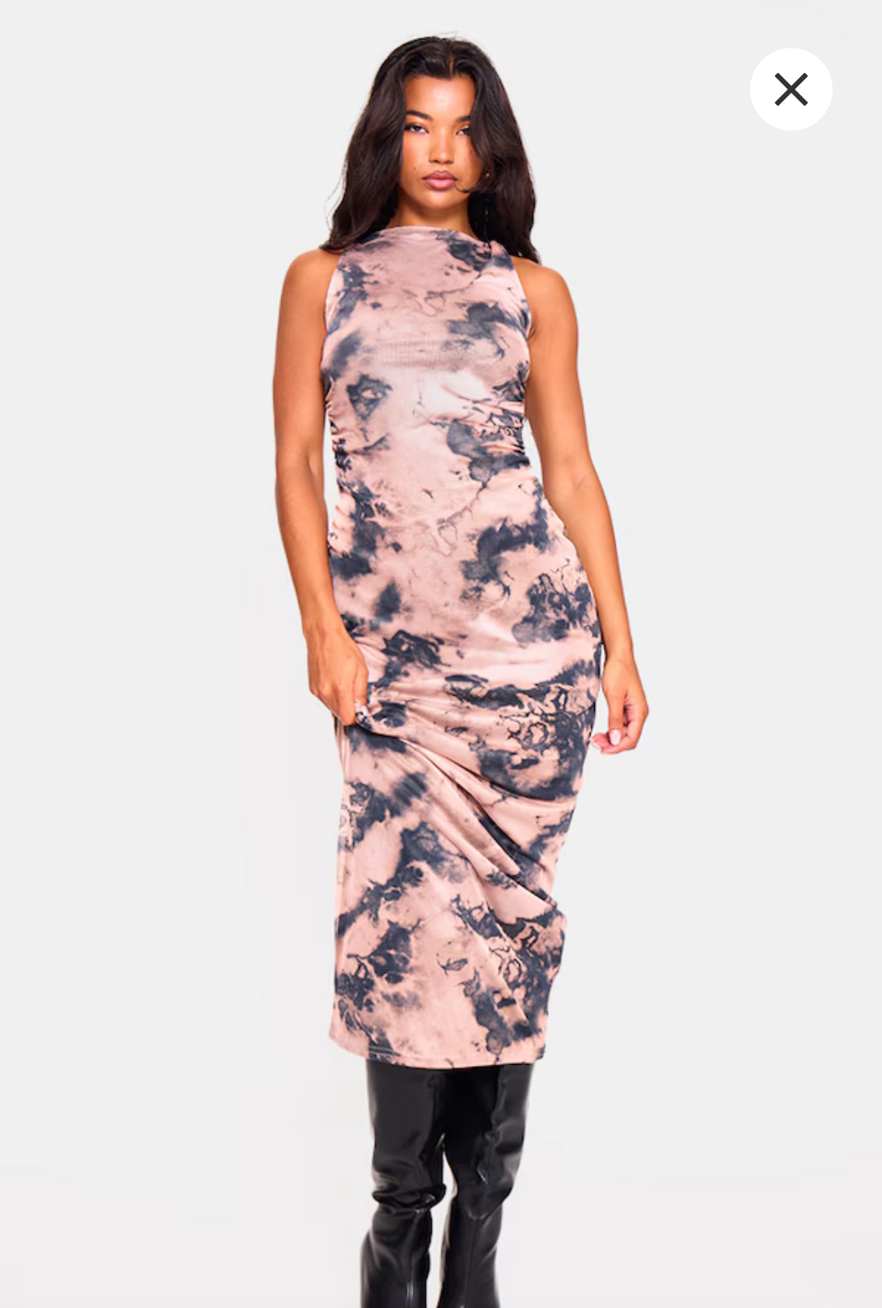 Nude Twist Shoulder Mesh Print Maxi Dress