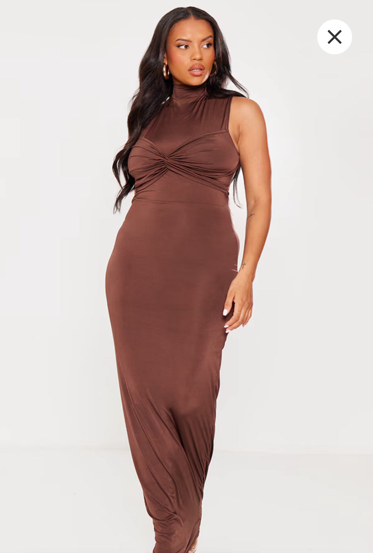 Plus Brown Slinky Knot Detail Ruched Maxi Dress