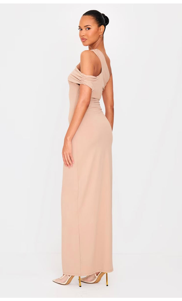Mushroom Double Layer Asymmetric Off Shoulder Maxi Dress