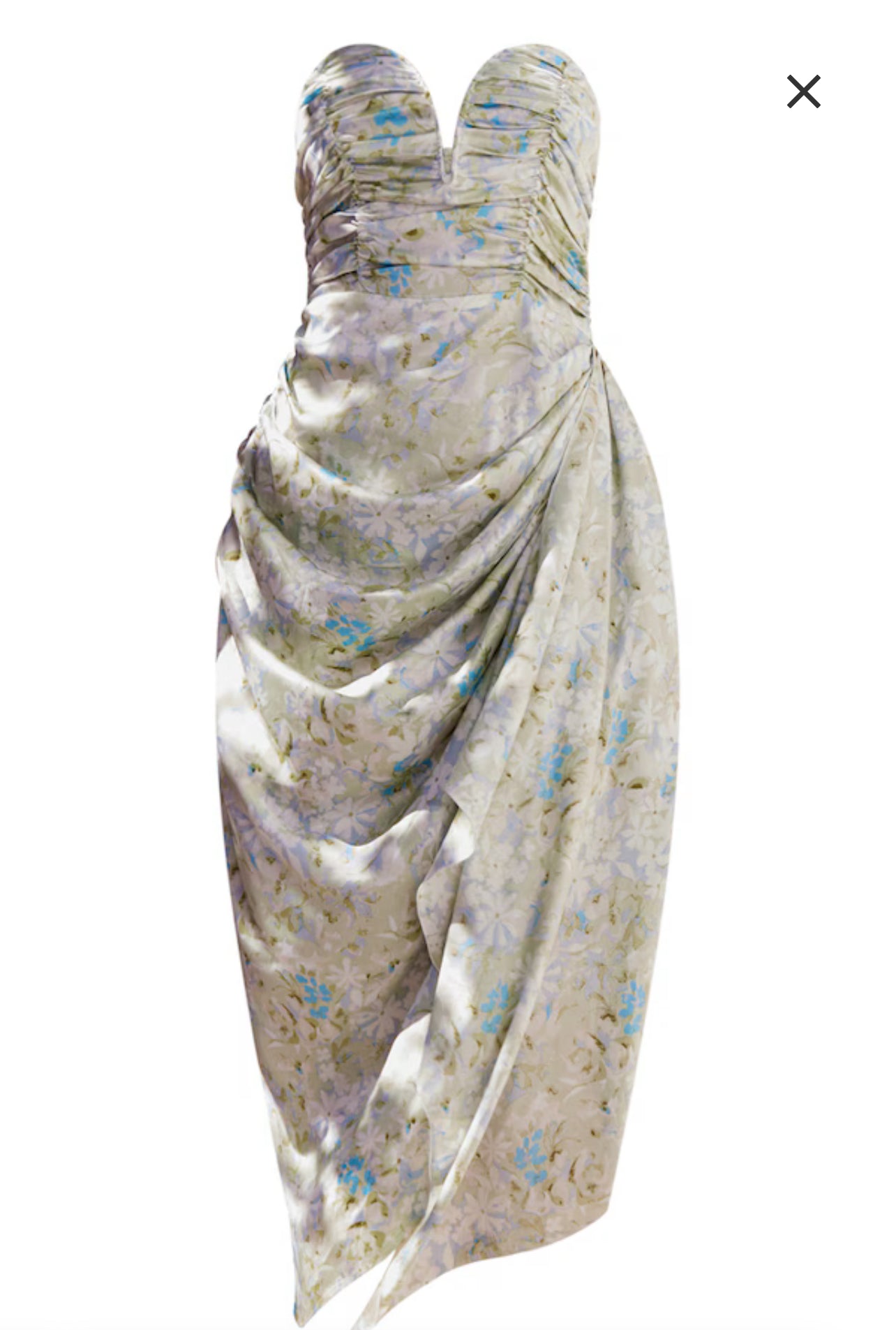 Green Floral Print Satin Ruched Plunge Midaxi Dress