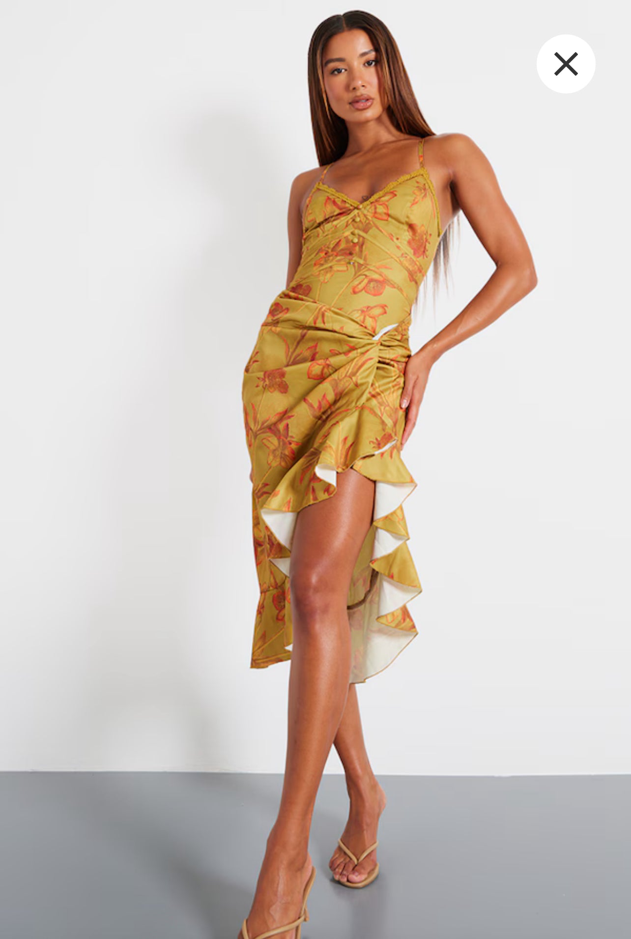 Green Floral Print Lace Up Back Twist Detail Midi Dress