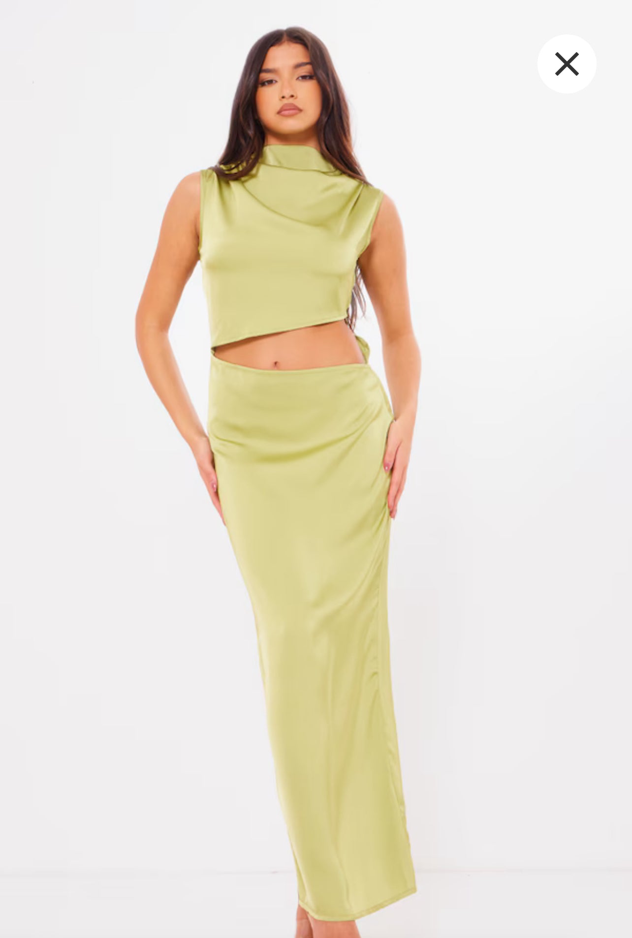 Bright Green Satin High Neck Cut Out Maxi Dress