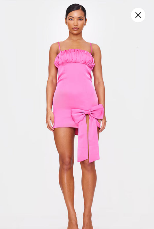 Pink Satin Bow Detail Mini Dress