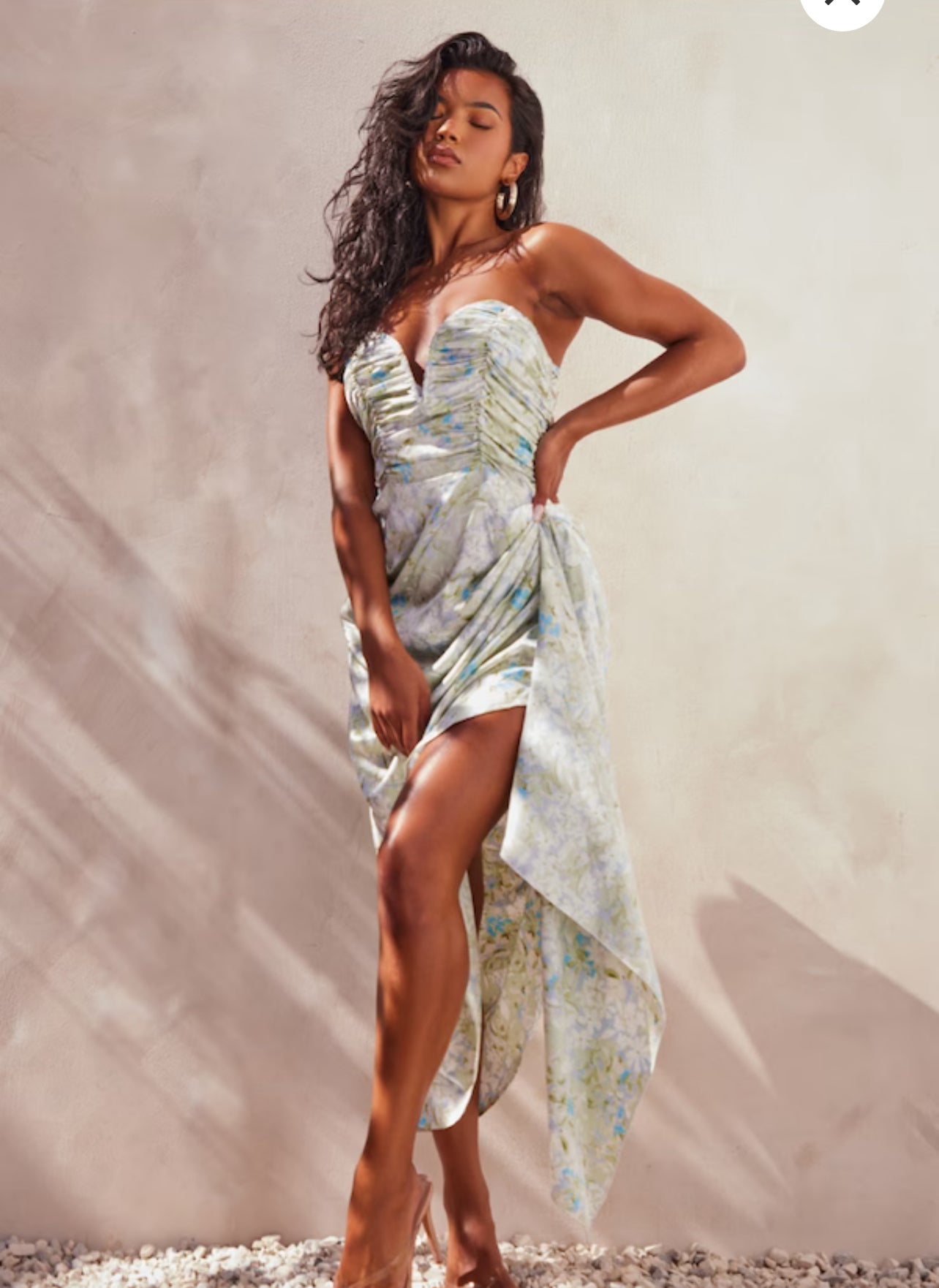 Green Floral Print Satin Ruched Plunge Midaxi Dress