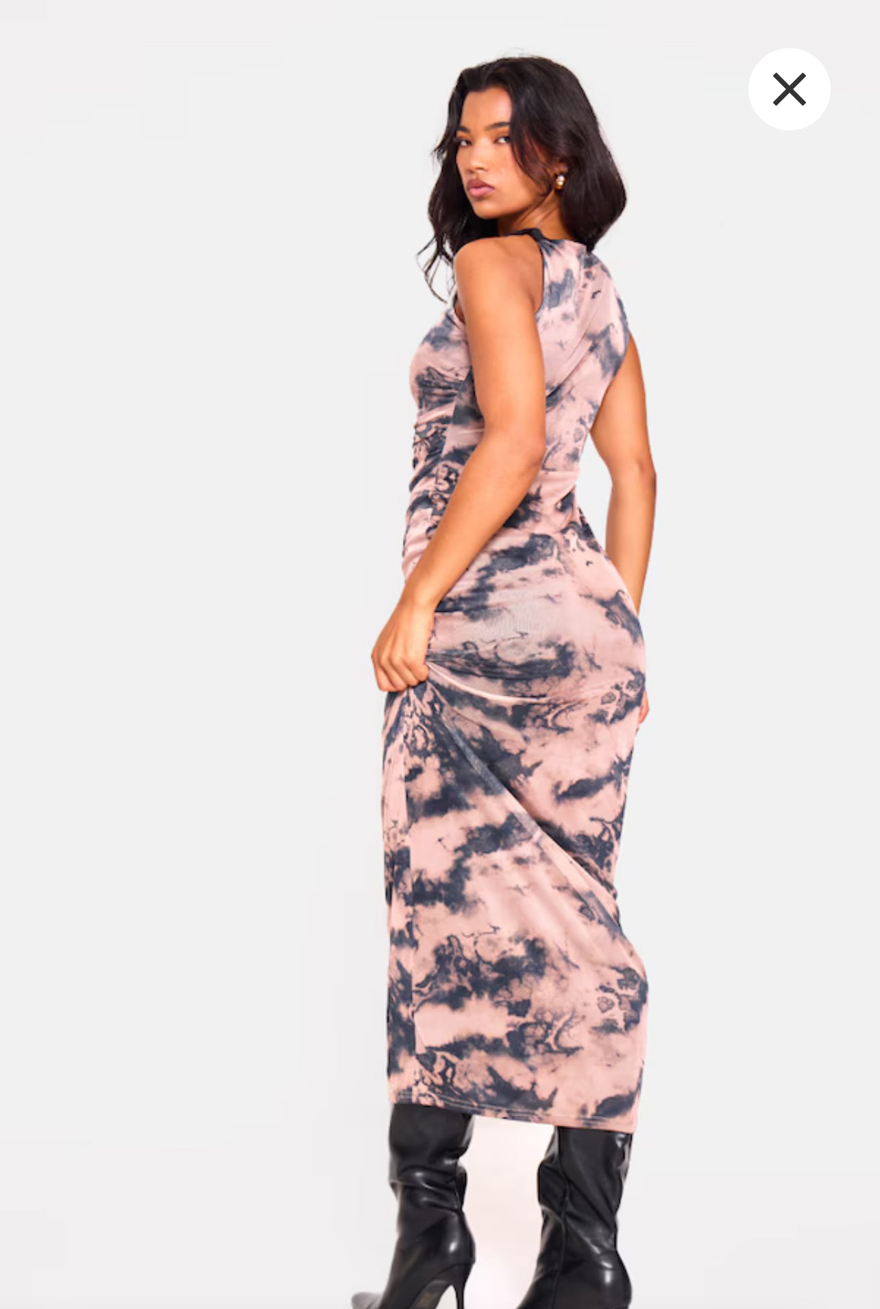 Nude Twist Shoulder Mesh Print Maxi Dress