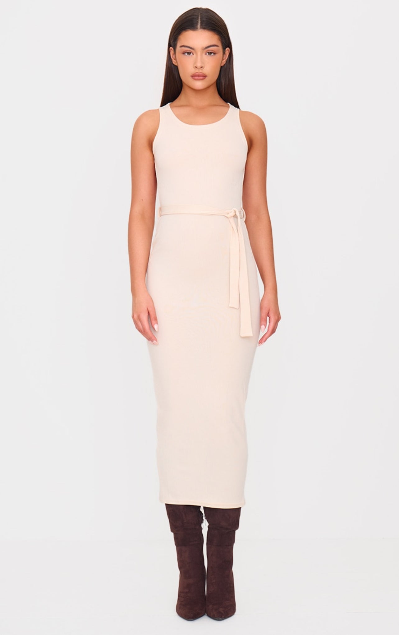 shape cream rib strappy cup detail midaxi dress Cream Rib Cut Out Back Detail Tie Waist Midaxi Dress Dassah Beauty