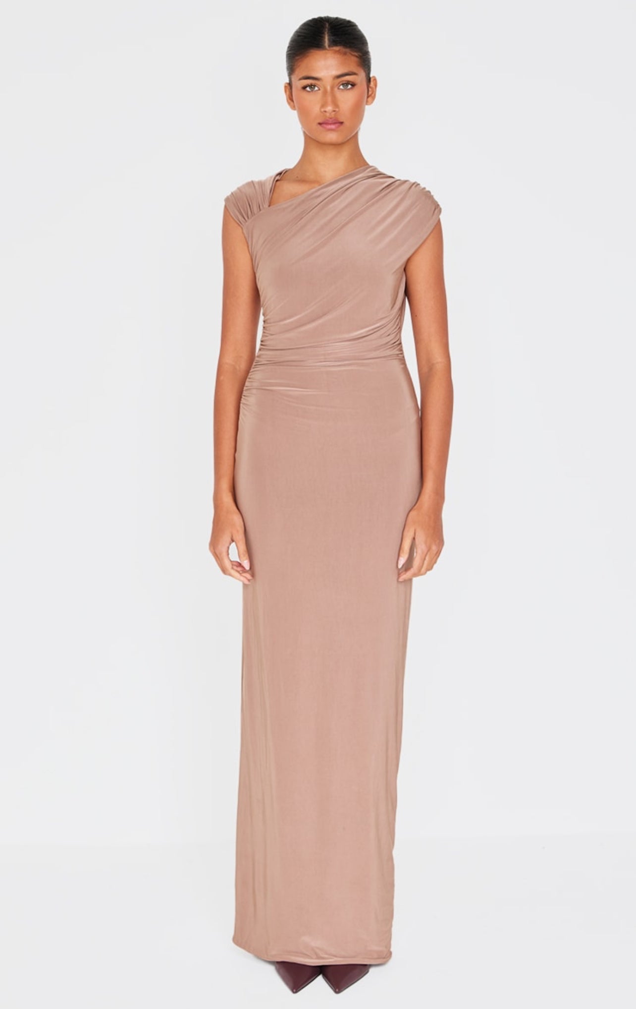 Mushroom Double Layer Slinky Ruched Maxi Dress Dassah Beauty Mushroom Double Layer Slinky Ruched Maxi Dress Dassah Beauty