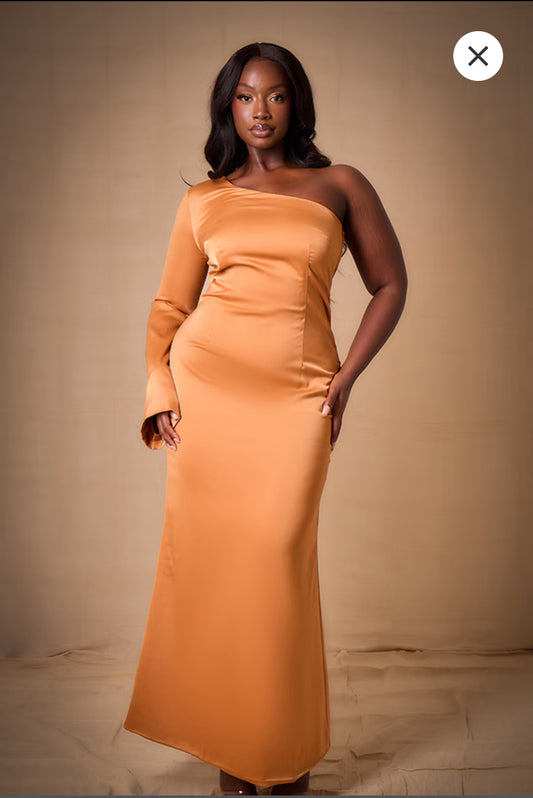 Plus Copper Bridesmaid Satin One Shoulder Flared Sleeve Maxi Dress