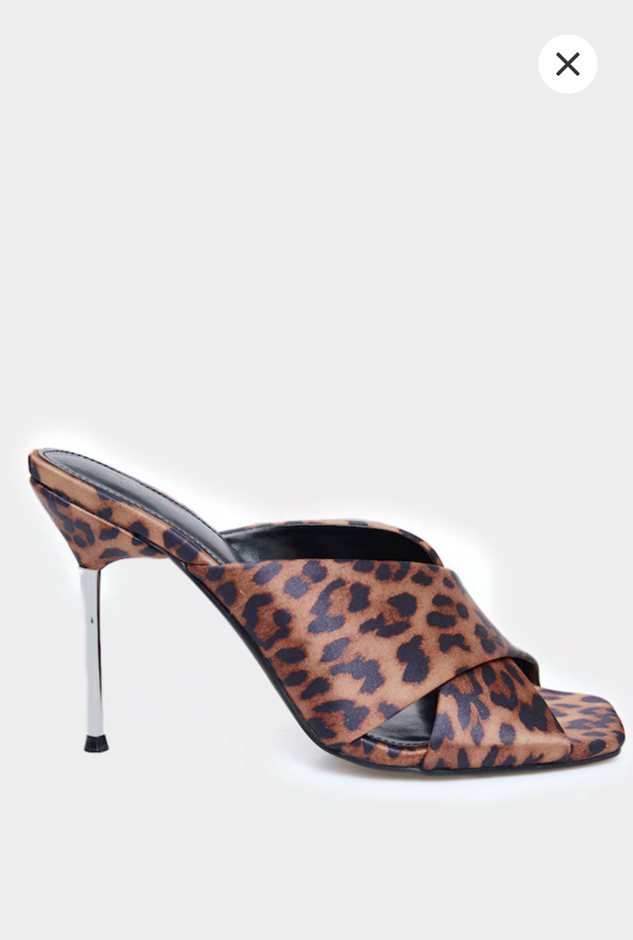 Leopard Satin Square Toe Cross Strap High Stiletto Heeled Mules