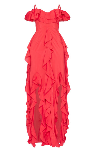 Red Cold Shoulder Ruffle Detail Maxi Dress – Dassah Beauty