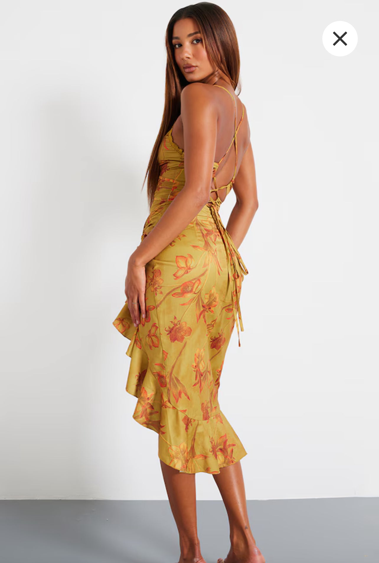 Green Floral Print Lace Up Back Twist Detail Midi Dress