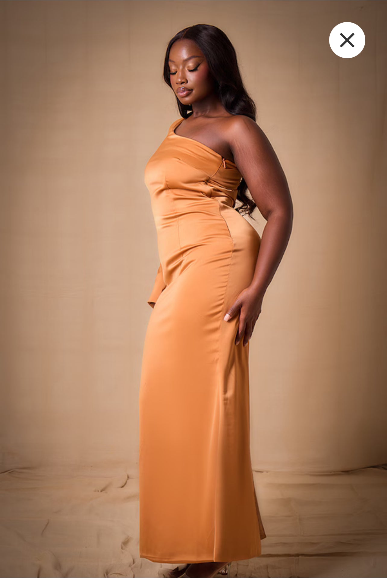 Plus Copper Bridesmaid Satin One Shoulder Flared Sleeve Maxi Dress