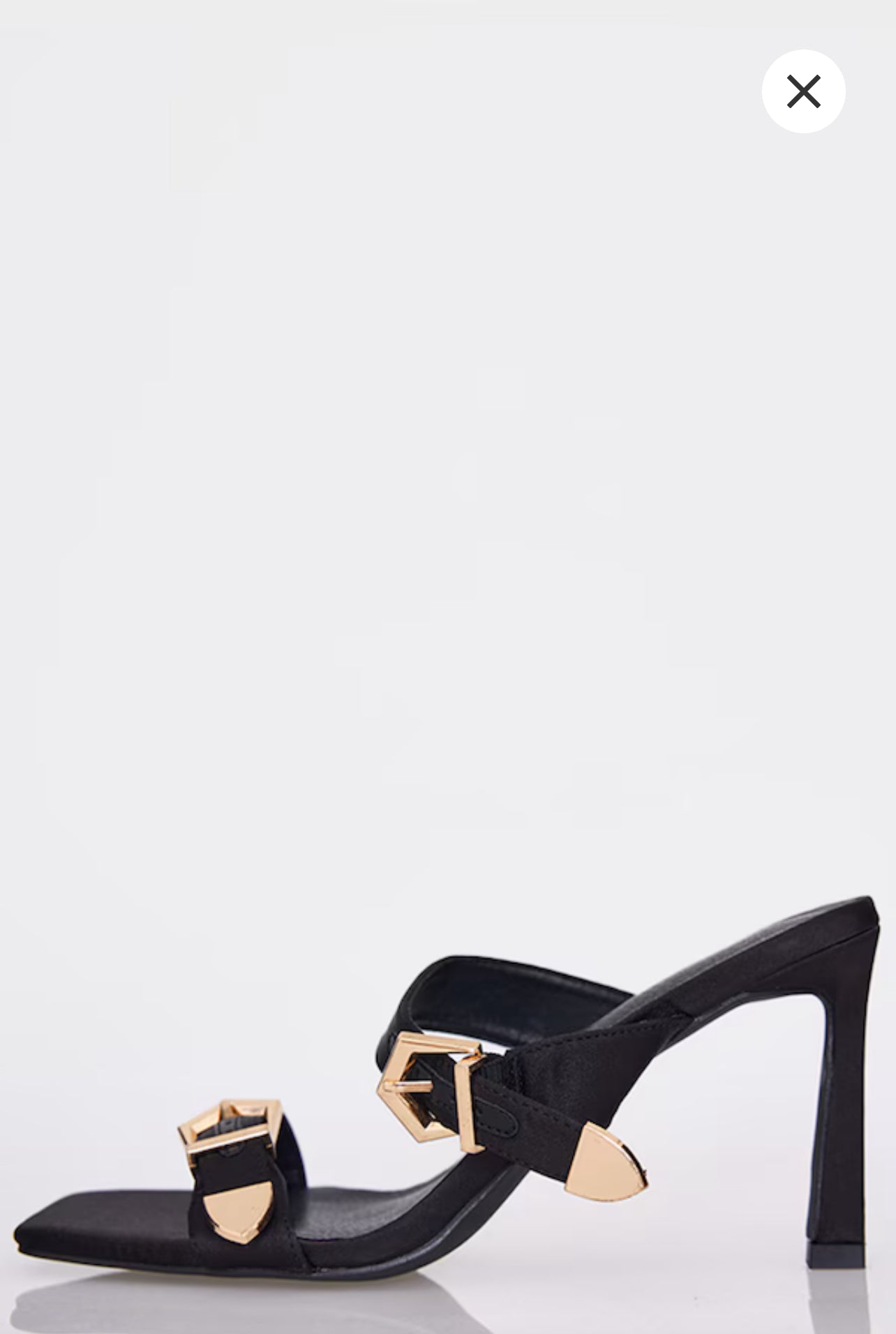 Black Satin Wide Fit Square Toe Buckle Strap High Stiletto Heeled Mules