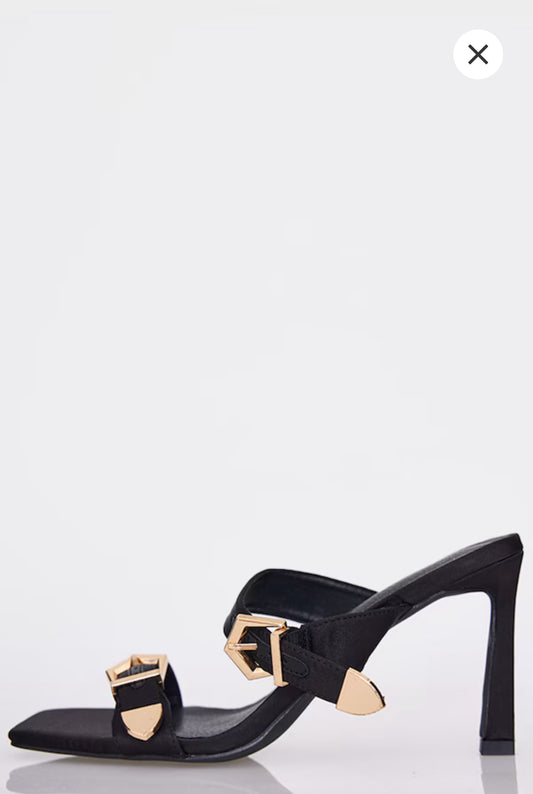 Black Satin Wide Fit Square Toe Buckle Strap High Stiletto Heeled Mules