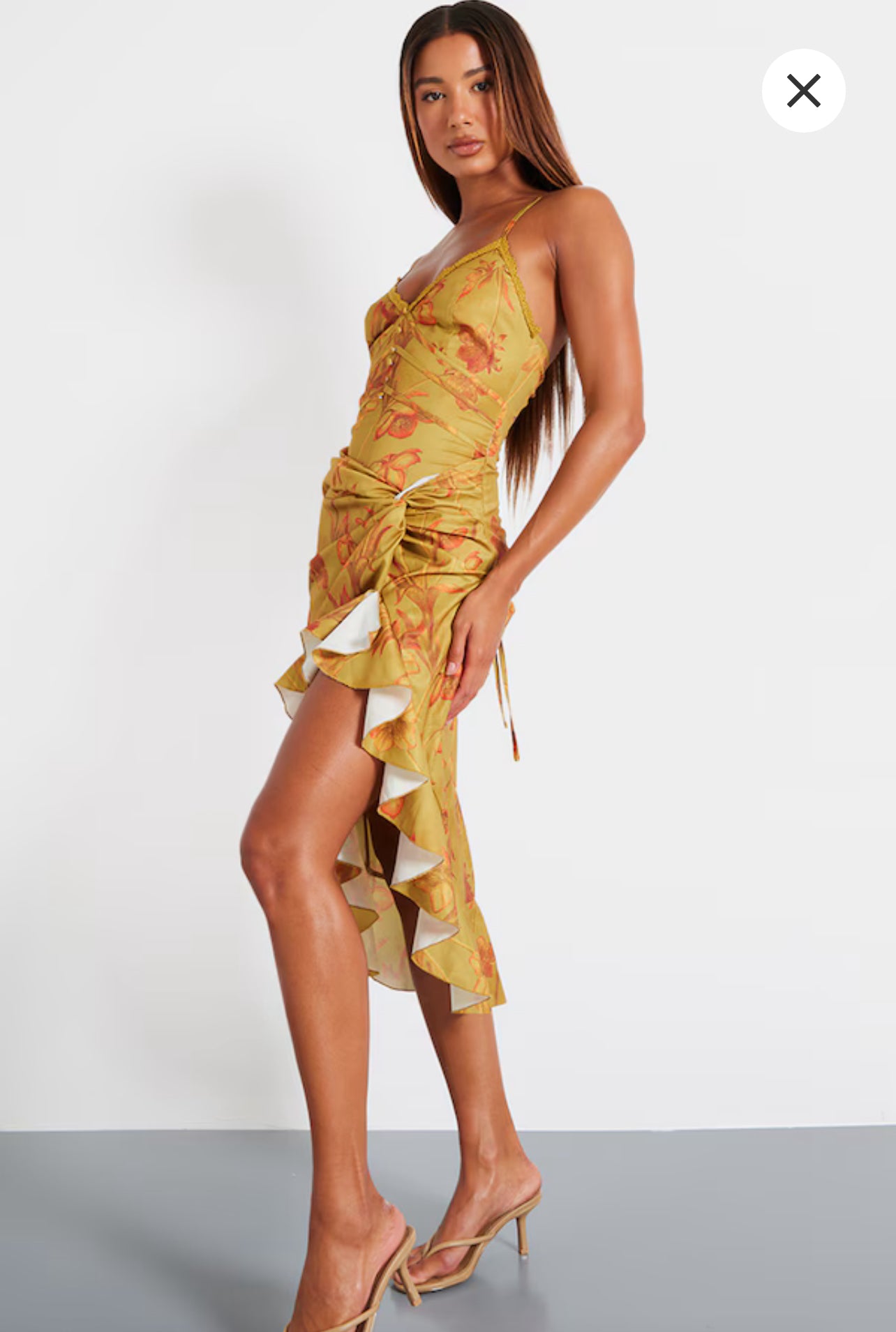 Green Floral Print Lace Up Back Twist Detail Midi Dress