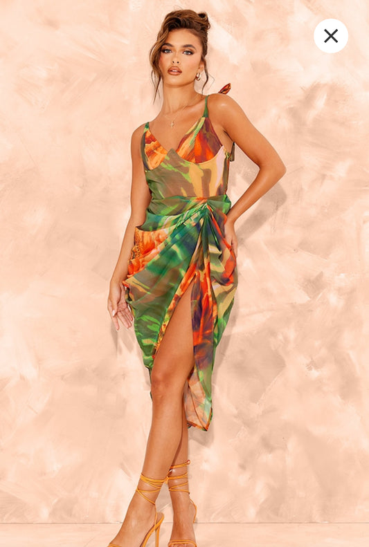 Bright Green Abstract Underwire Detail Draped Midi Dress