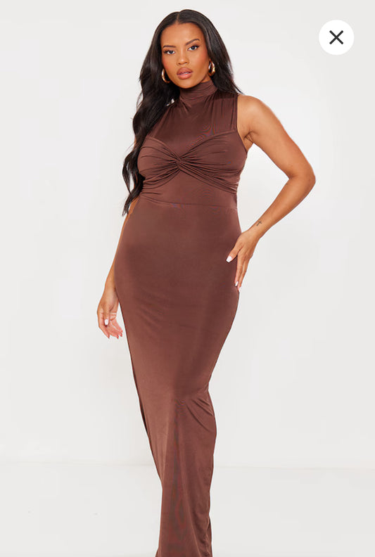 Plus Brown Slinky Knot Detail Ruched Maxi Dress