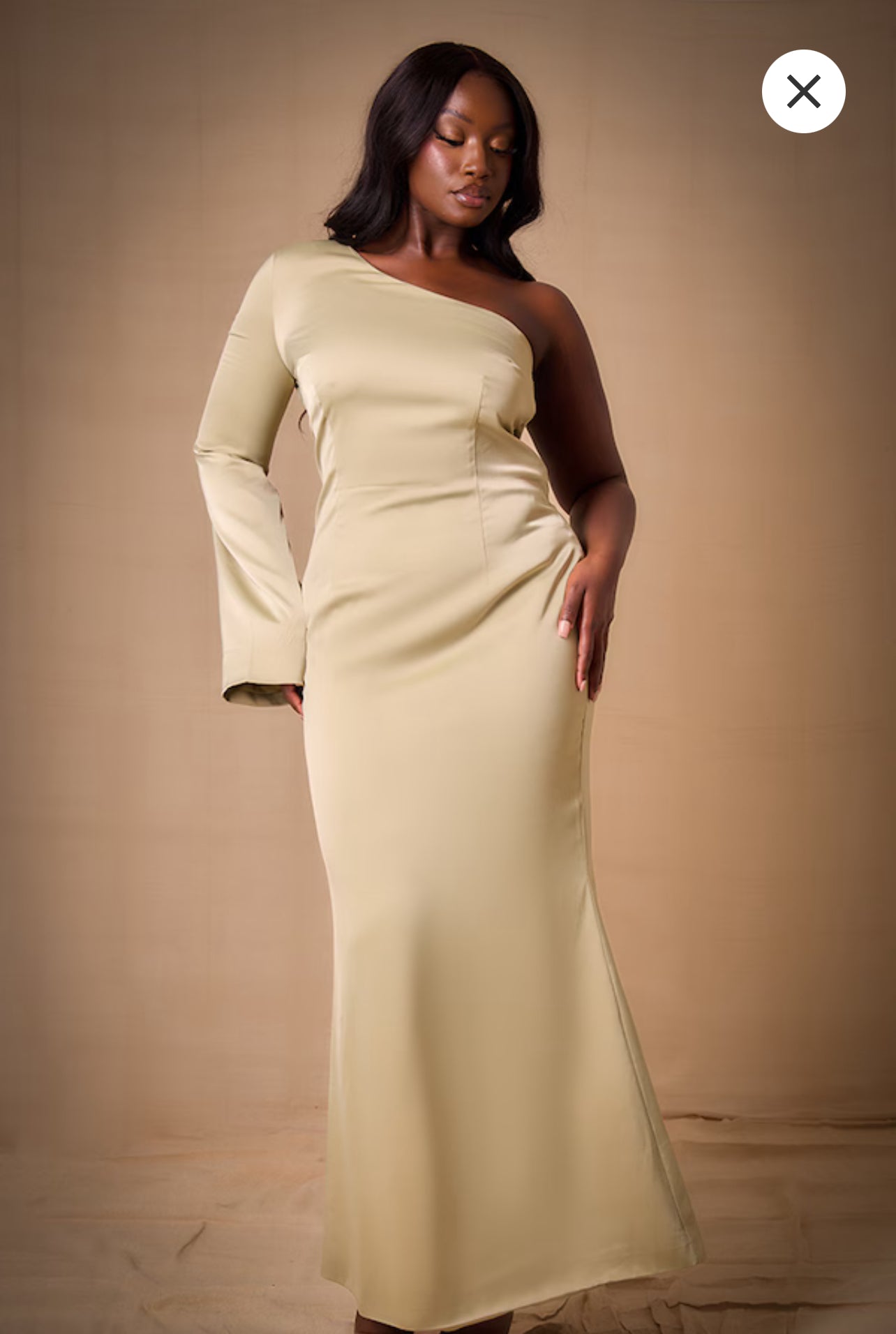 Plus Sage Bridesmaid Satin One Shoulder Flared Sleeve Maxi Dress
