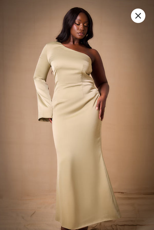 Plus Sage Bridesmaid Satin One Shoulder Flared Sleeve Maxi Dress