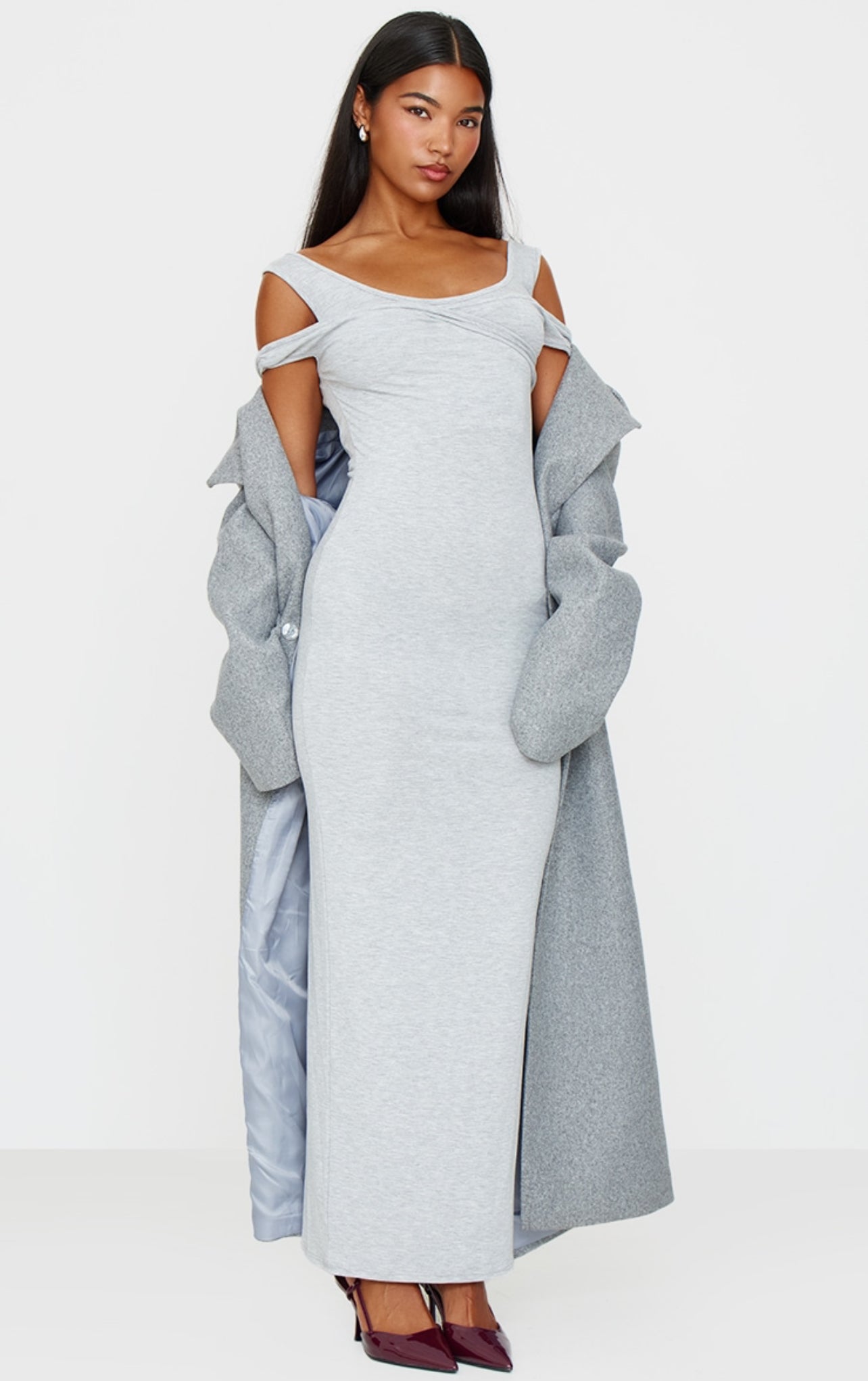 ribbed modal maxi dress in grey Ribbed zip up maxi dress w/ hoodie