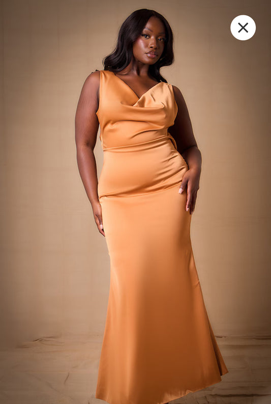 Plus Copper Bridesmaid Satin Cowl Neck Extreme Maxi Dress